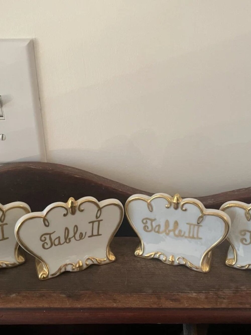 WHITE PORCELAIN GOLD GILT TRIM TABLE MARKERS (4) - INSCRIPTION 1984